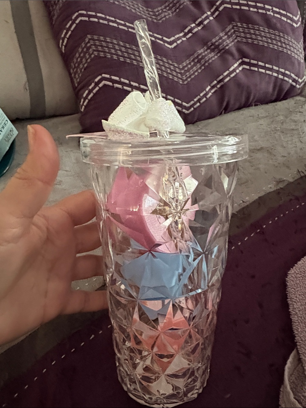 Faceted Clear Acrylic Tumbler with Straw and Ribbon